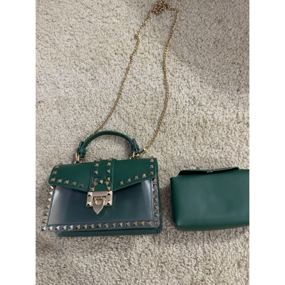 Green Clear PVC Studded Crossbody Bag with Chain Strap and Inner Pouch
